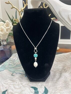 Lucky Brand Silver-Tone Necklace with Turquoise Stone and Pearl Drop Pendant
